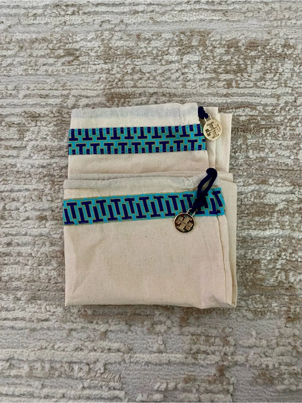Tory Burch Canvas Dust Bag Blue with Purple and Gold Trim Logo Charm